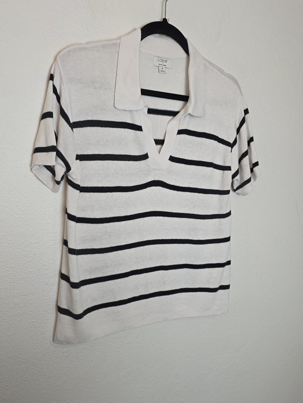 J CREW White Striped Linen-Blend Short Sleeve Polo Sweater Top Coastal 2024 Sz S - Picture 3 of 12